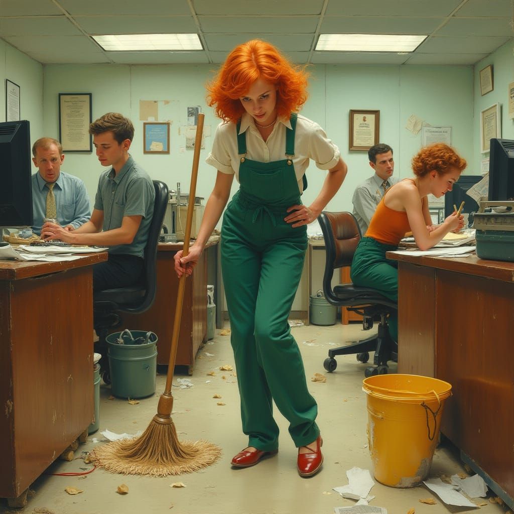 Ginger Woman Mopping Office Floor in Rockwell Style