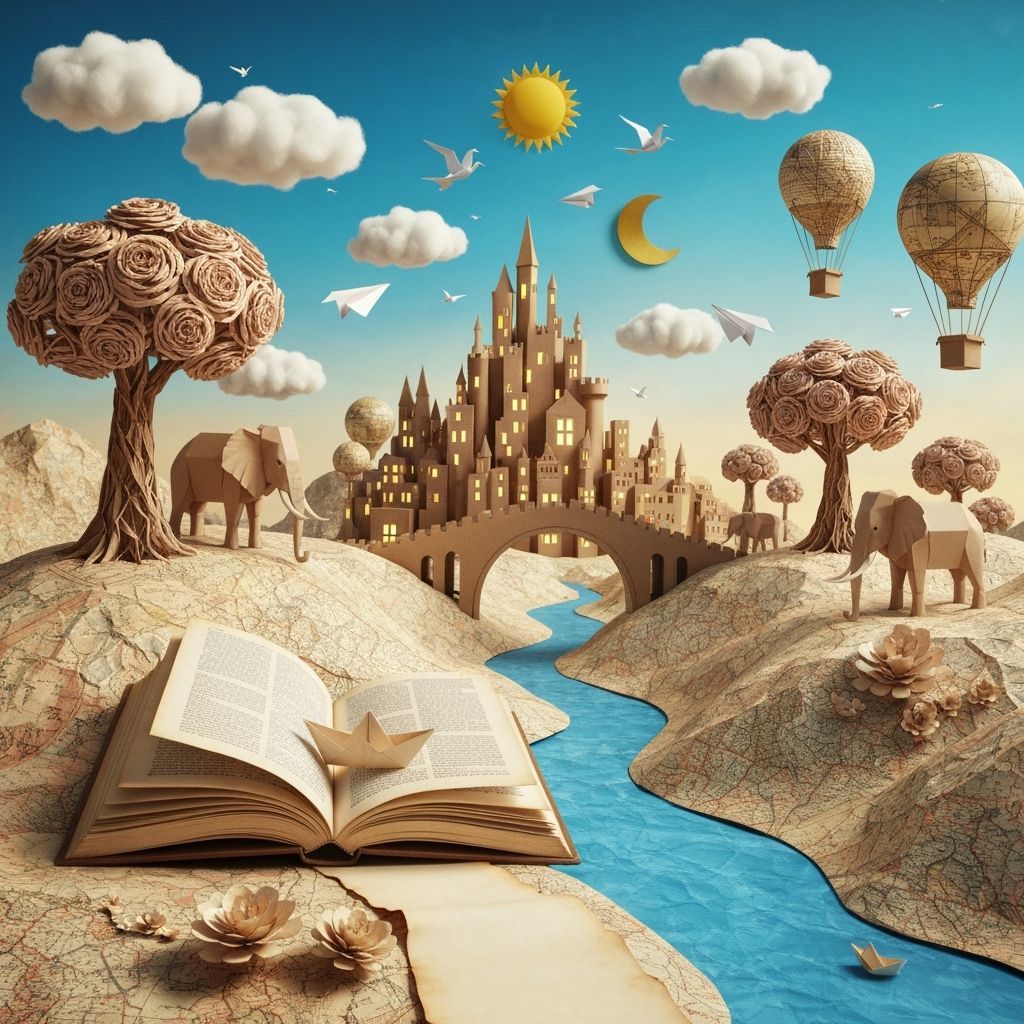 Surreal Papercraft Fantasy Landscape with Elephants and Cast...