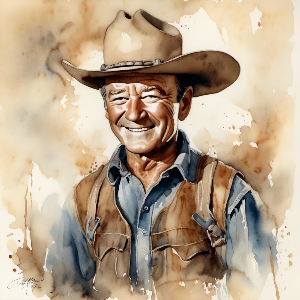 Chibi John Wayne: Watercolor and Charcoal Whimsy