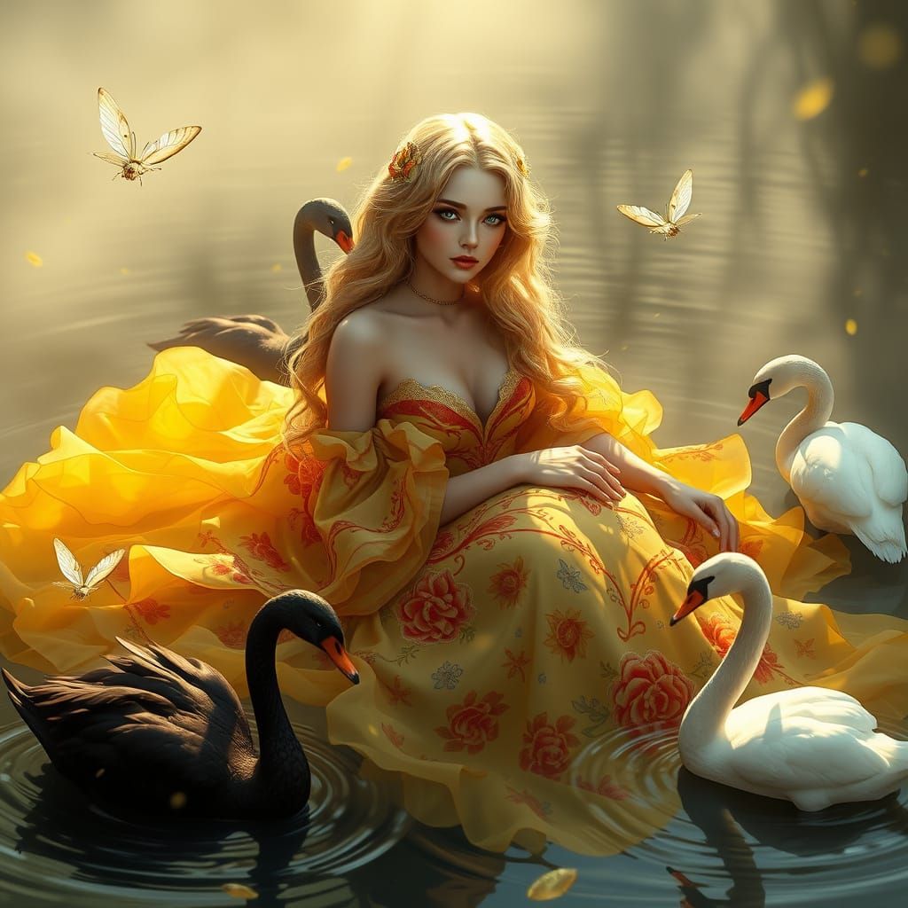 Enchanted Spring Lady in Serene Pond with Art Nouveau Dress