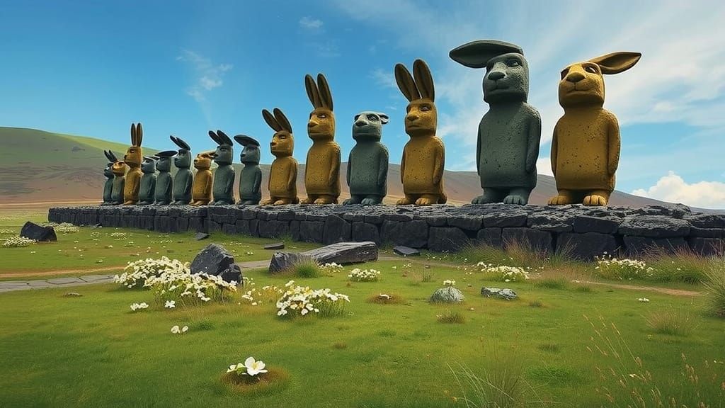 Easter Island Stone Rabbits in Murakami-Inspired Style