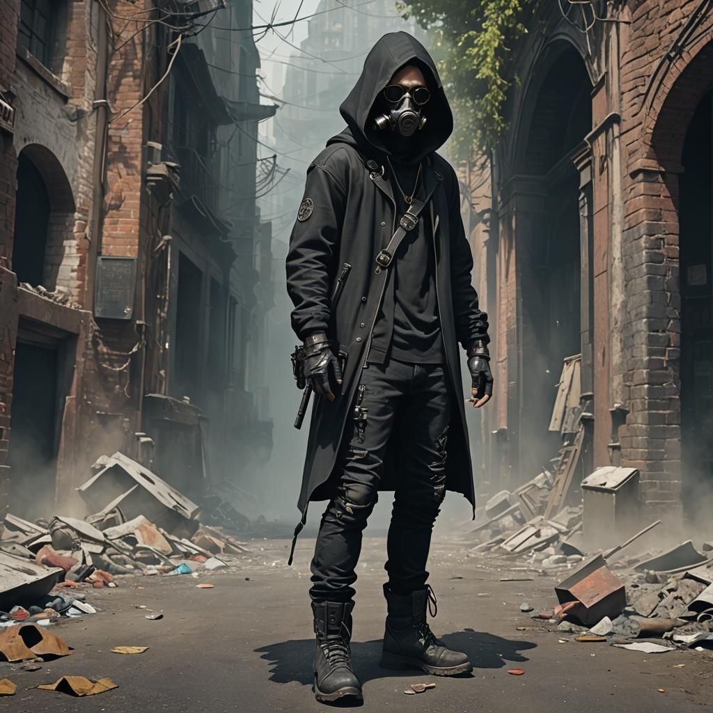 Figure in Hooded Cloak with Gas Mask and Guns