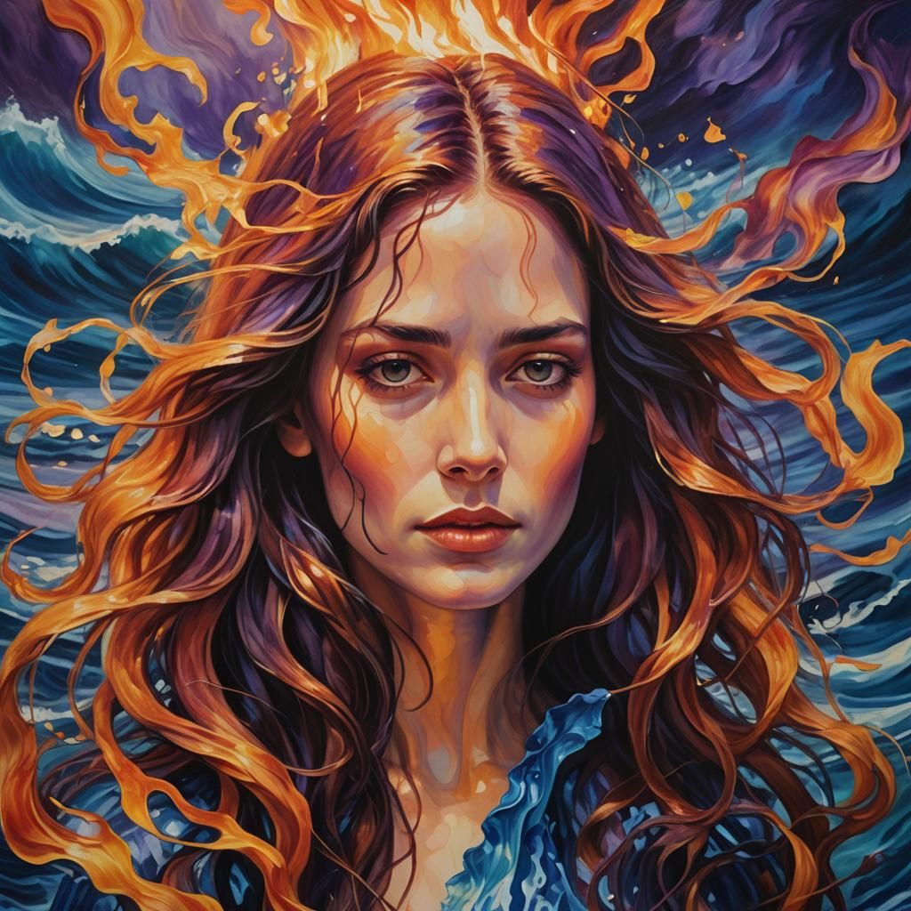 Surrealist Portrait of Woman Amidst Fire and Water