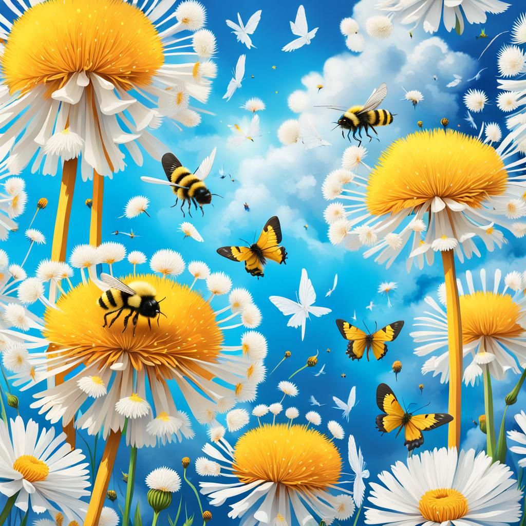 Dandelions with Birds and Butterflies in Hyperrealistic Styl...