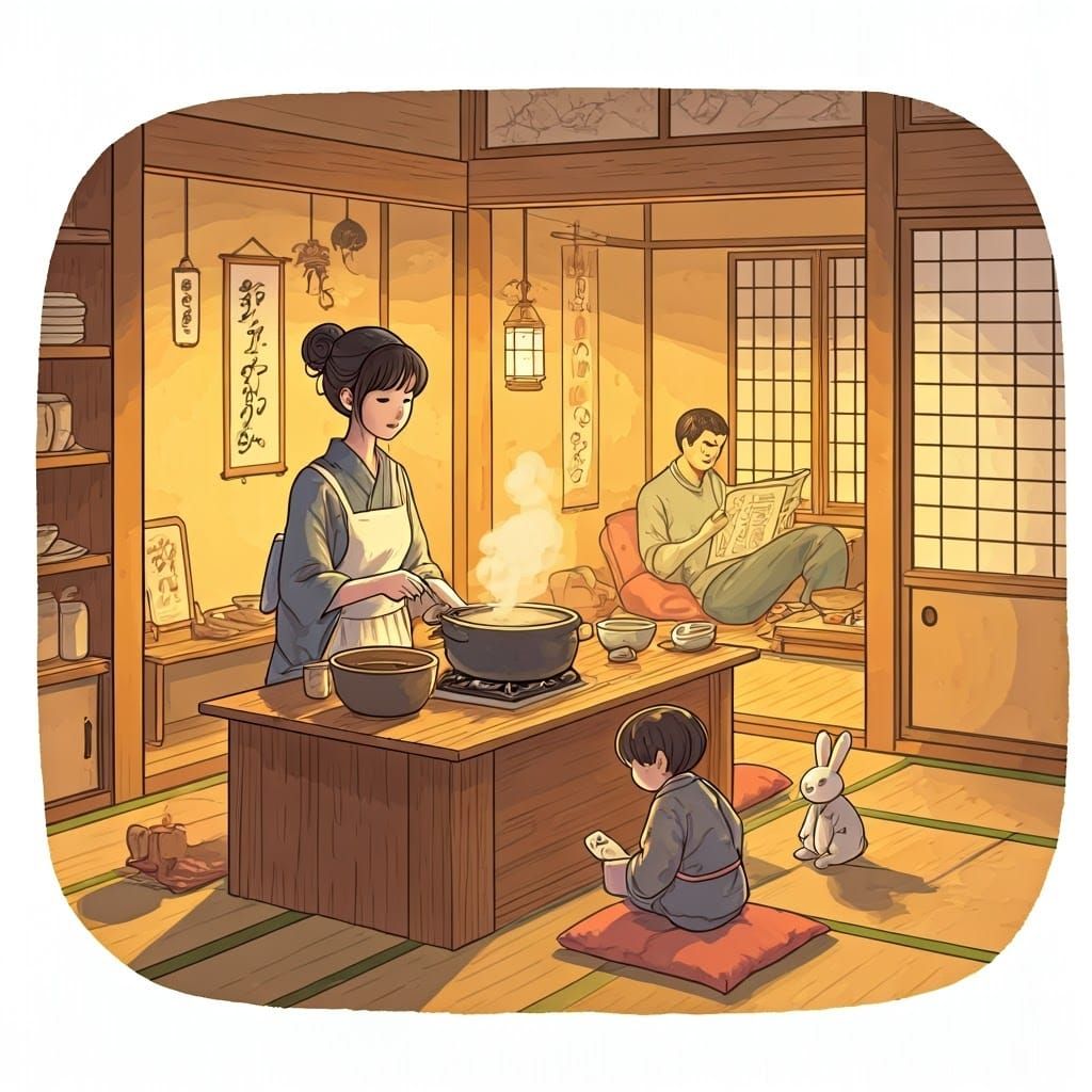 Japanese Family Scene in Traditional Whimsical Style