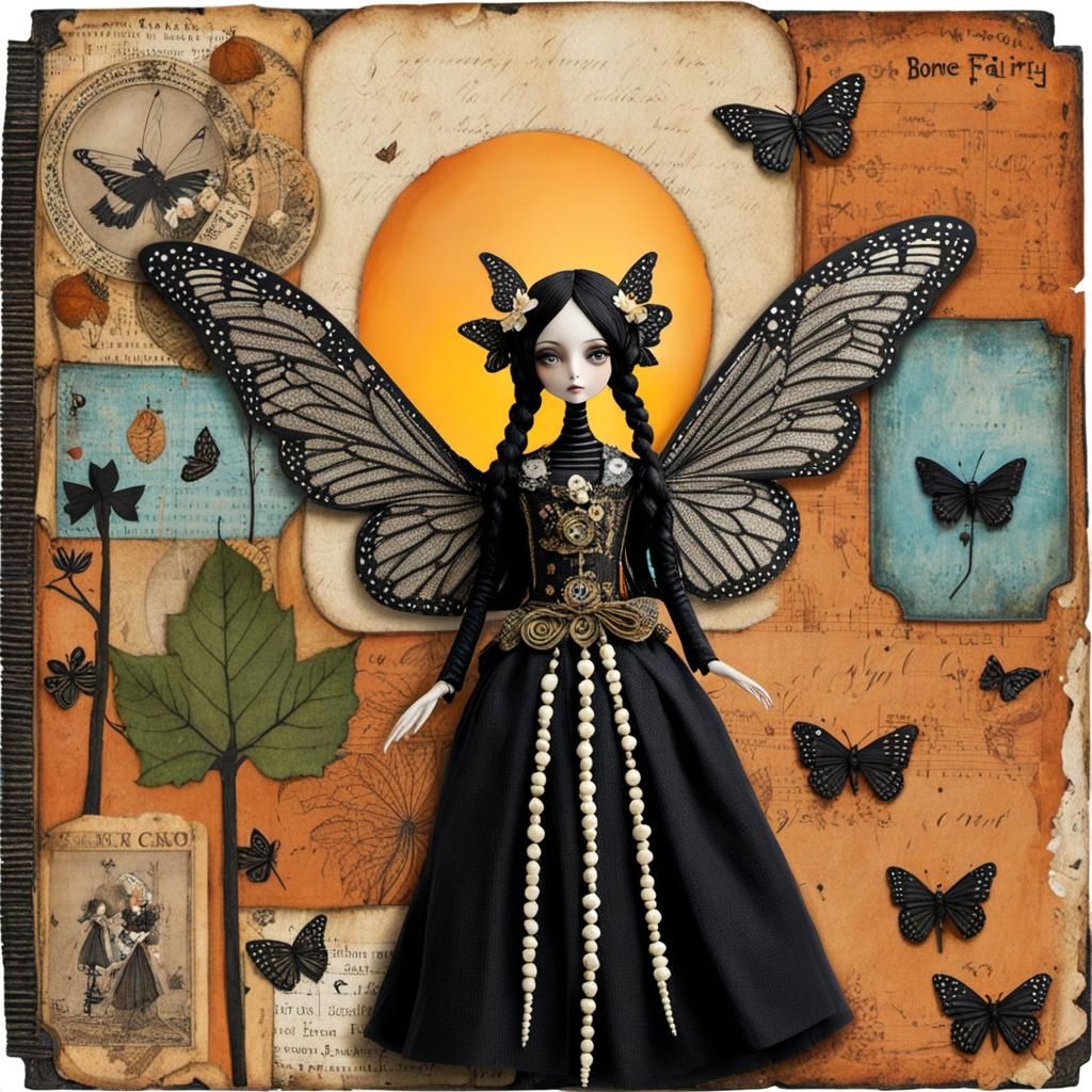 bone fairy with monarch wings, photo Chibi goth doll by terry runyan, by elise gravel, by sally payne; collage art; mixe...