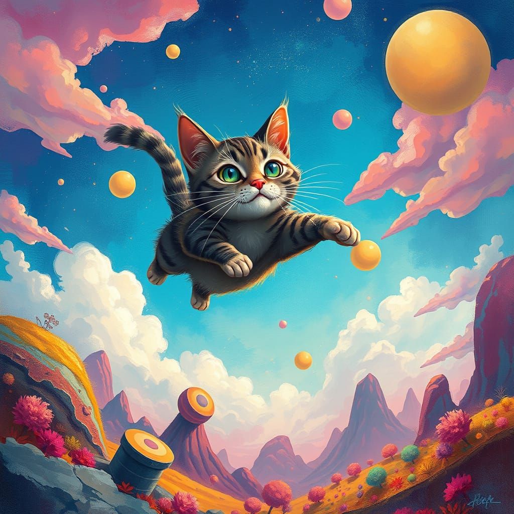 Whimsical Cat Soars Through a Vibrant Dreamscape in Cyberpun...