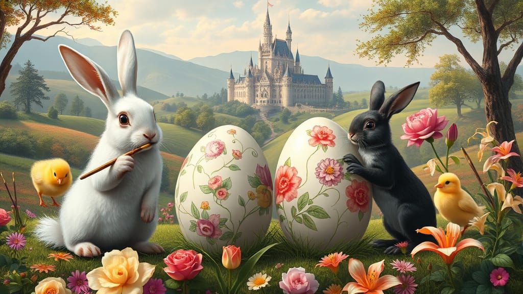 Easter Scene: Rabbits and Chicks Painting Eggs