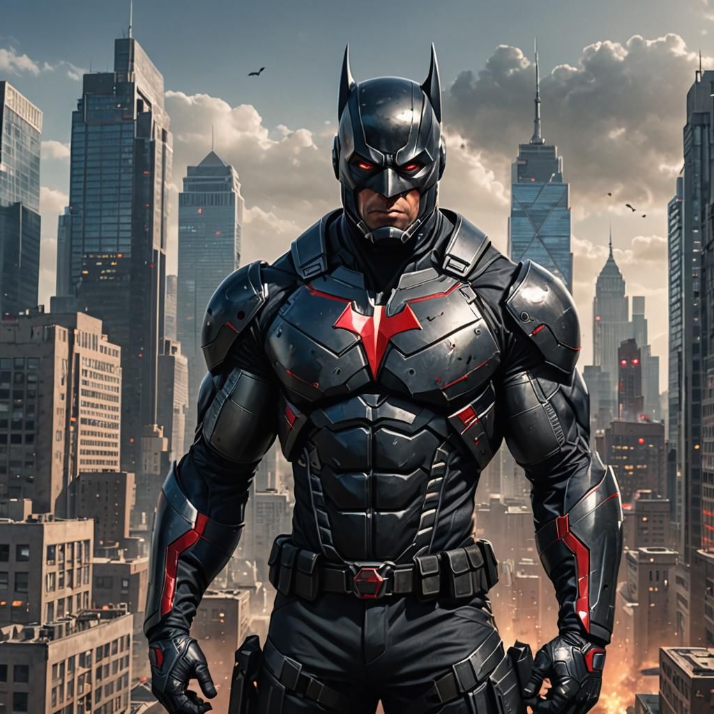 Armored Superhero with Bat Emblem Over City