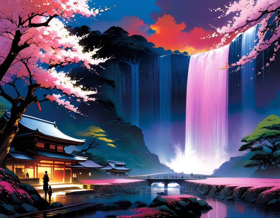 Epic Sakura Waterfall in Manga Style Digital Art
