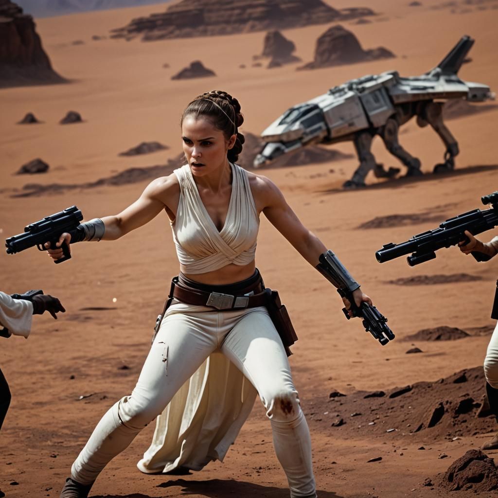 battle of Geonosis of Padme Amidala from Star Wars wearing a torn white top, showing her incredibly muscular body well t...