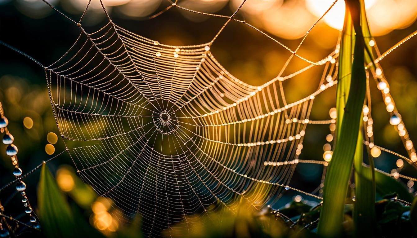 Dew-Kissed Spiderweb Among Giant Dawn Mushrooms