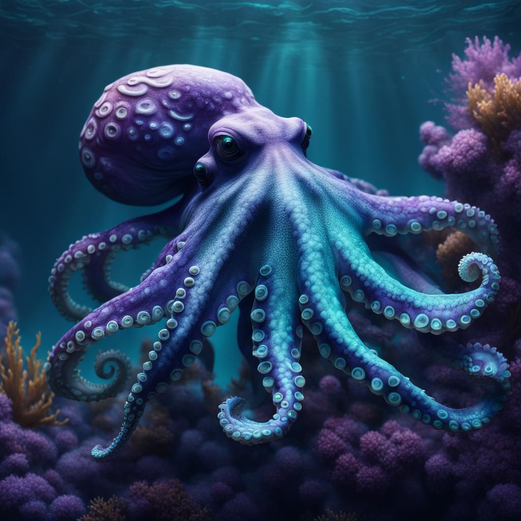 Purple and Teal Octopus in Aquarium: Digital Painting