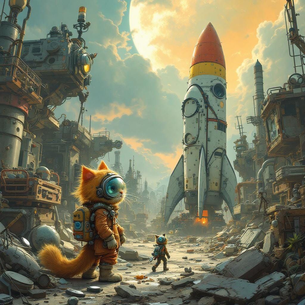 Trash Cat Assembles Rocket in Scrapyard: Digital Art