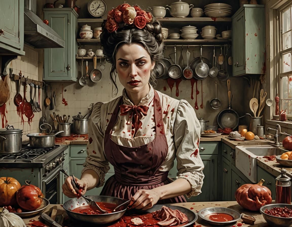 Surreal Bloody Kitchen Scene: 1870s Housewife