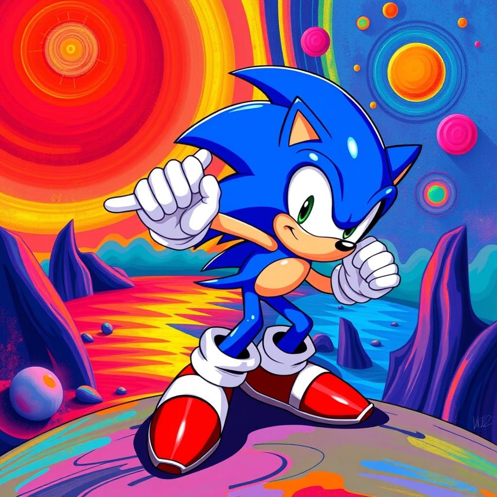 Sonic the Hedgehog in Dreamlike Futuristic Landscape