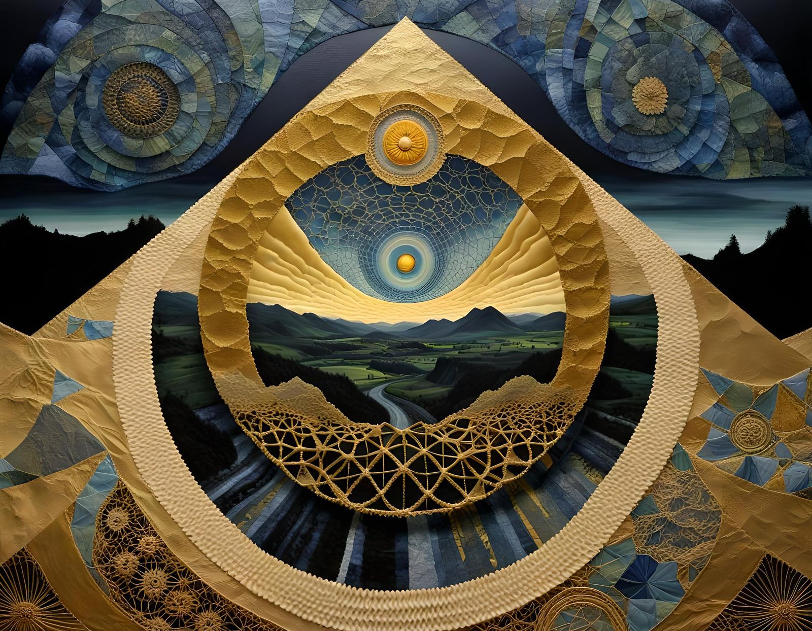 Intricate Spirograph Landscape with Gold Leaf Highlights