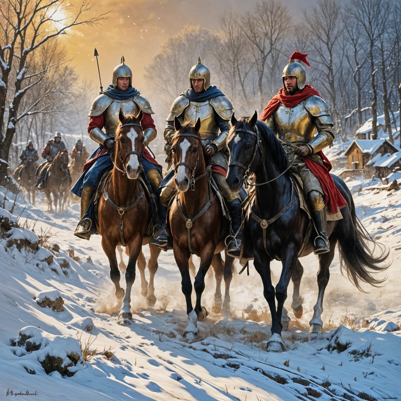 Chevaliers en armure gelée, prêts à défendre leur roi dans un champ couvert de neige Pino Daeni warm colors mixed media ...