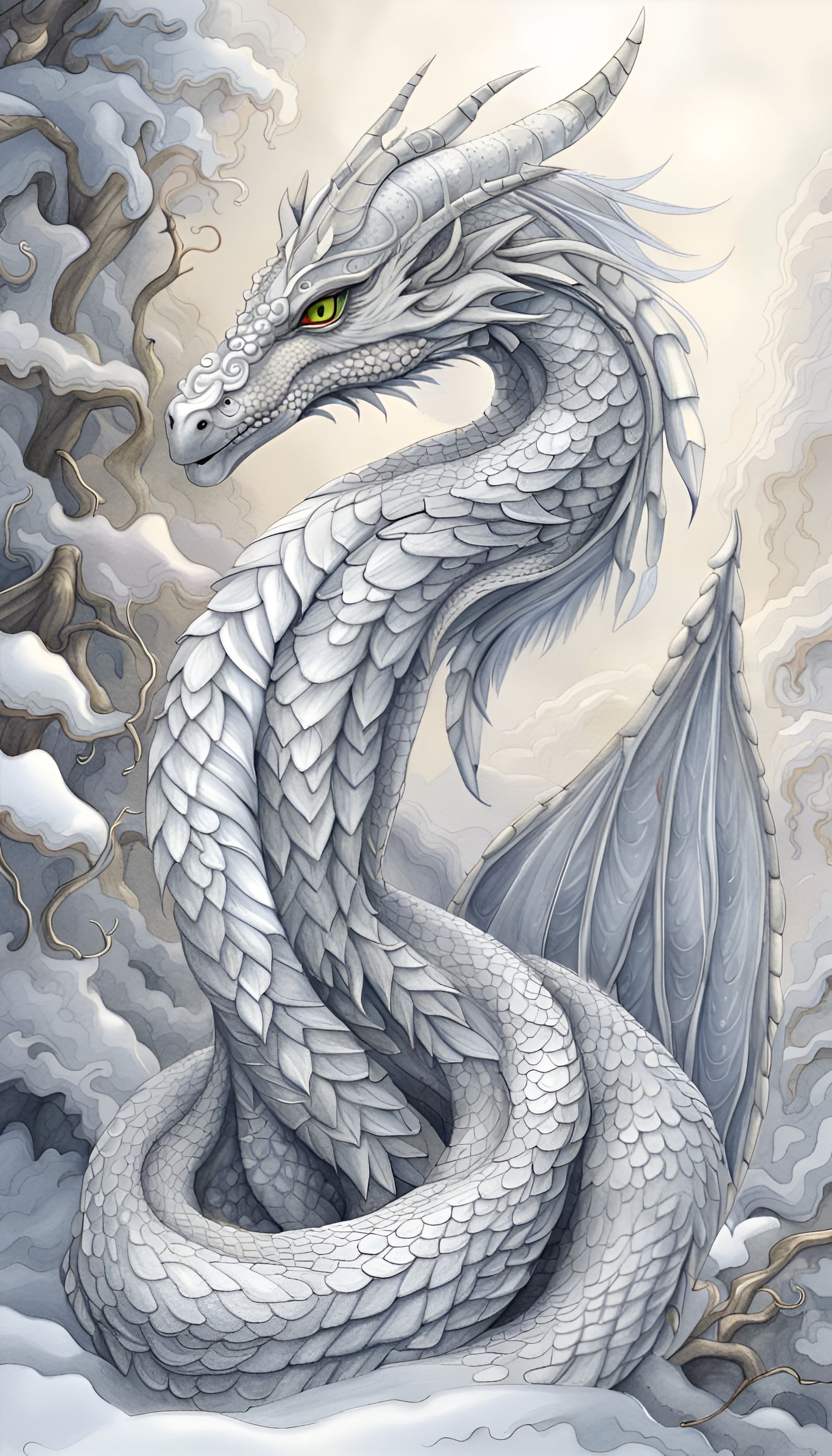 Whimsical Silver Snake-Dragon Hybrid in Watercolor