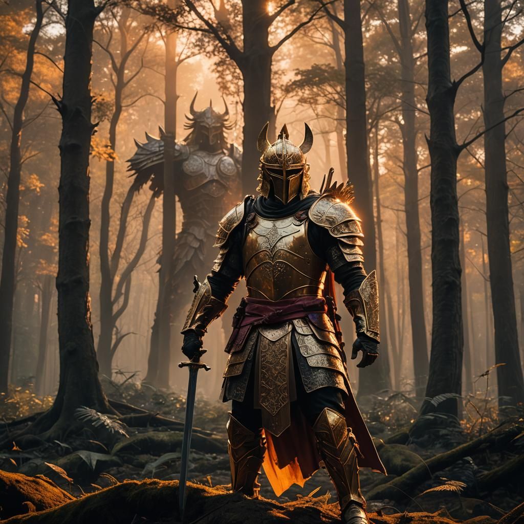 Warrior at Mystical Forest Edge: Fantasy Concept Art