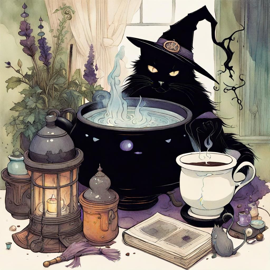 Messy Witch's House with Cauldron and Black Cat