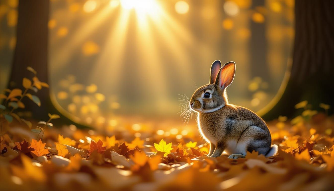 Hyperrealistic Rabbit in Sunlit Enchanted Forest Clearing
