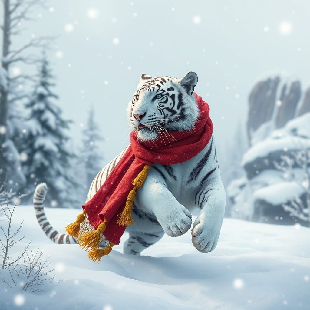 Majestic White Tiger Plays in Snowy Winter Wonderland