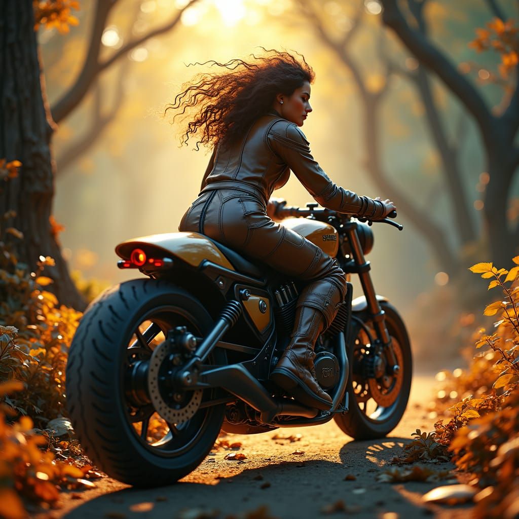 Woman on Retro-Futuristic Motorbike in Enchanted Forest