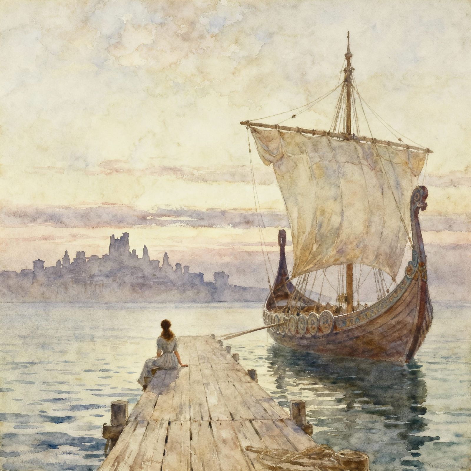 Antique Watercolor of Viking Longship at Sea