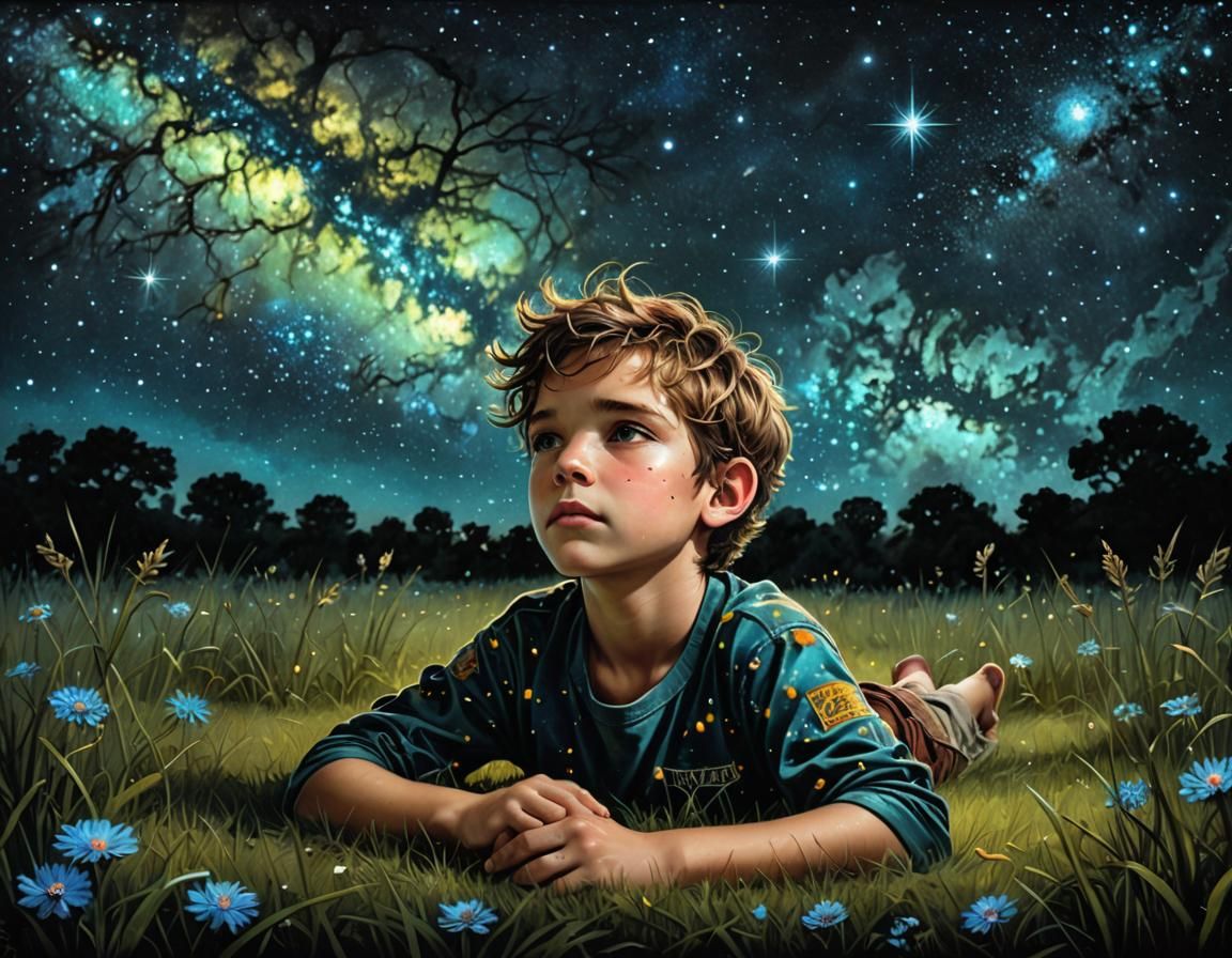 Boy Gazing at Bioluminescent Starscapes, Detailed Matte Pain...