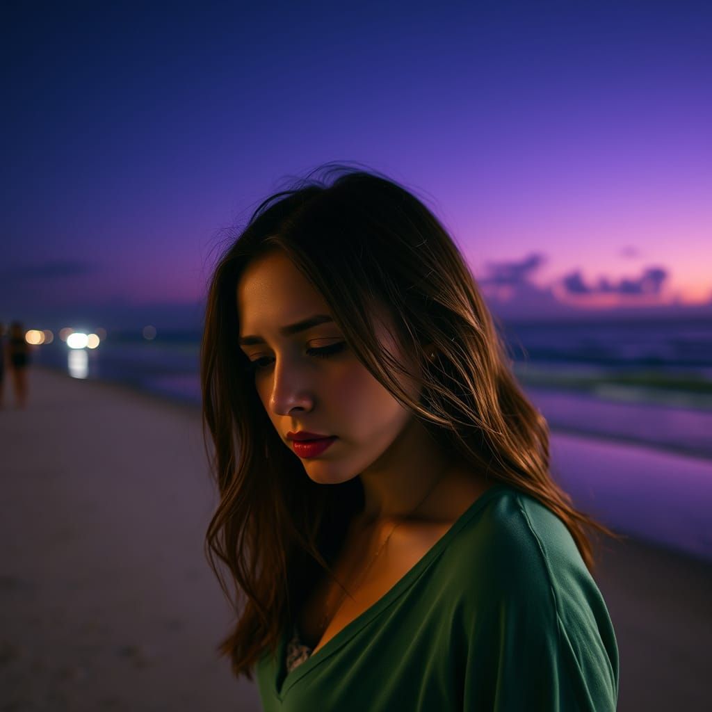 Ethereal Beach Scene at Dusk with a Crying Woman