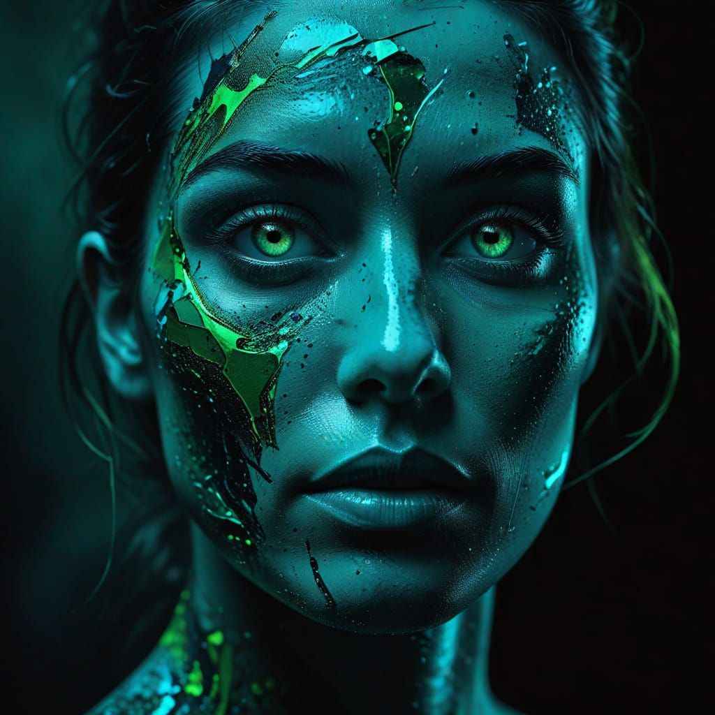 Surreal Portrait: Blue, Green, and Black Face