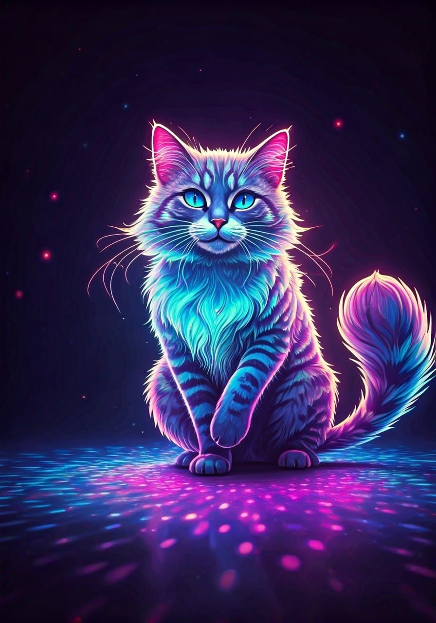 Glowing Cat Dances Under Neon Disco Lights