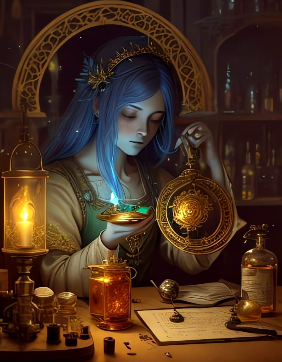 Surreal Mystic Potion Glows in Ornate Vial, Laboratory Setti...