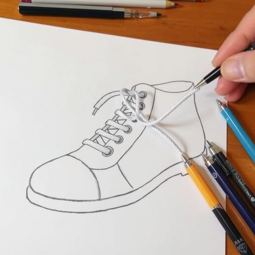 Drawing of a Shoe with Real Shoelaces