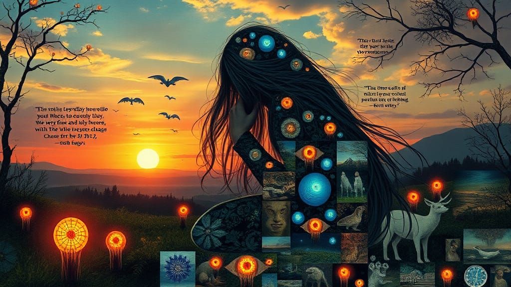 Bio Art Collage: Woman, Phantoms, and Sunset