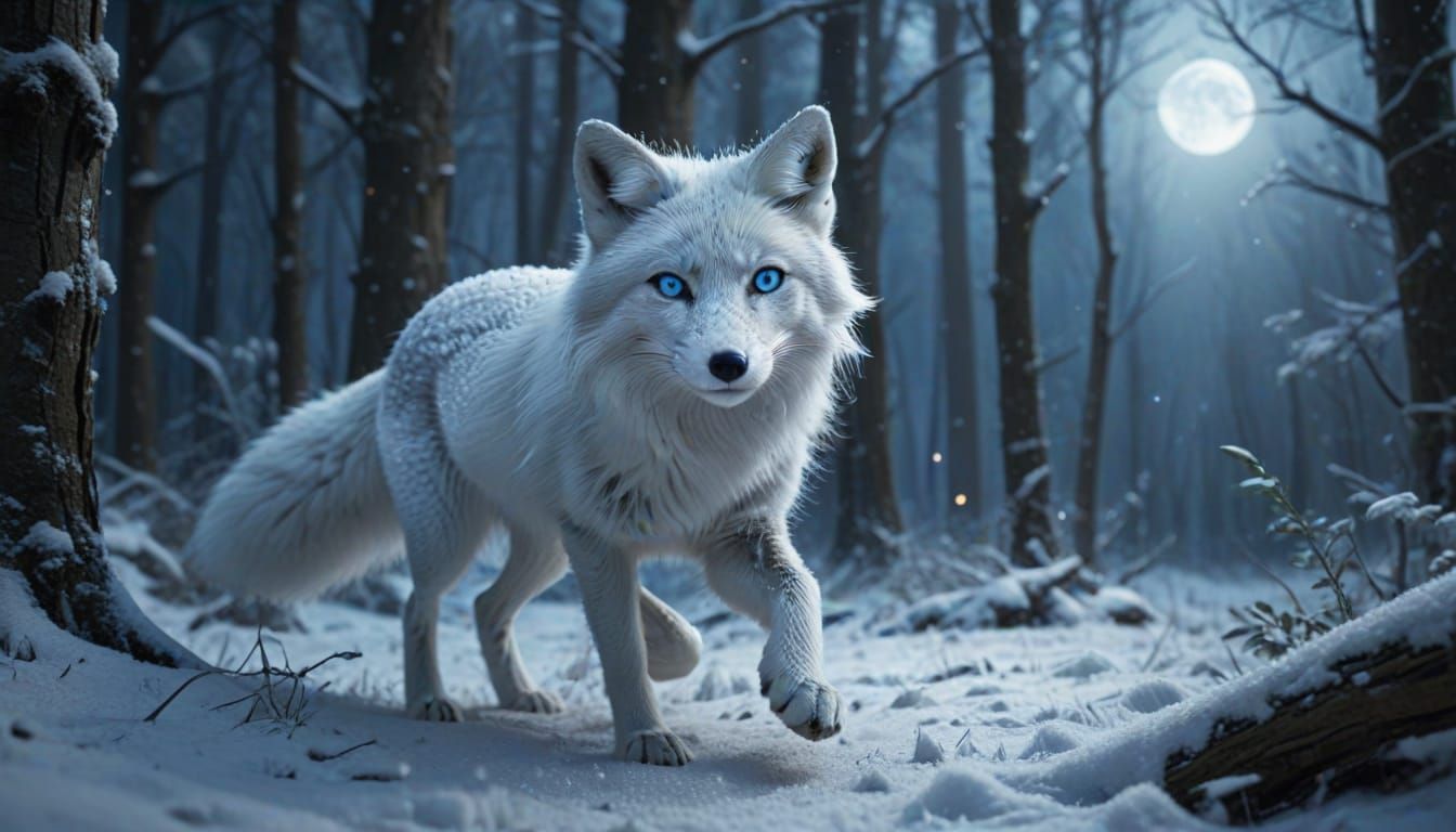 White Fox in Magical Moonlit Snowy Forest