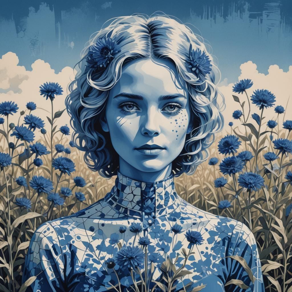 Blue Portrait with Cornflowers in Pop Art Style