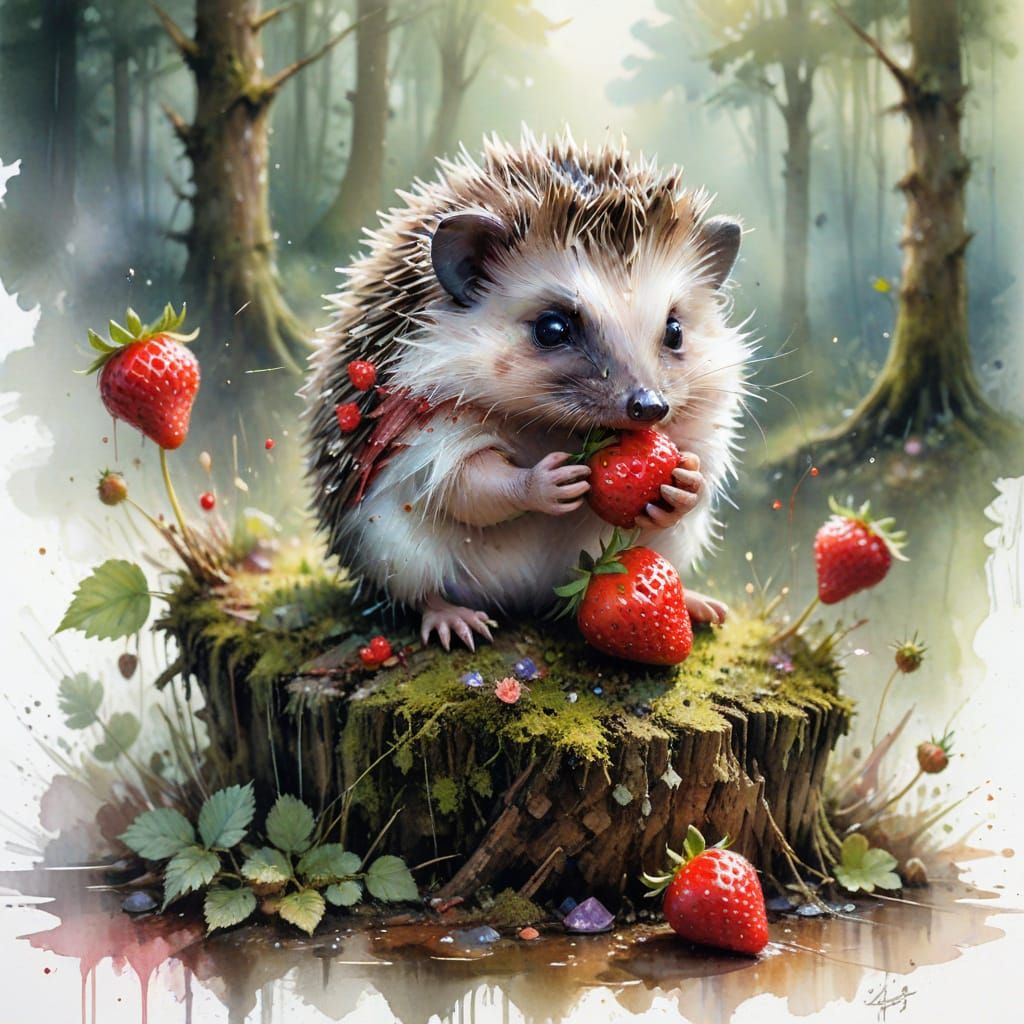 Hedgehog with Strawberry in Magical Forest, Watercolor Style