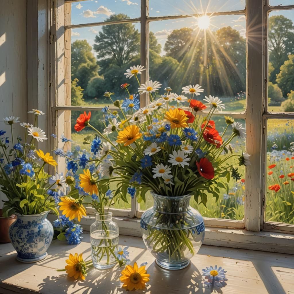 Vase of Wildflowers in Sunlight, Hyperdetailed