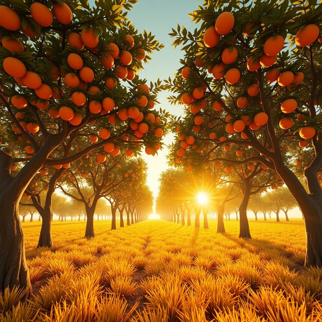 Enchanted Citrus Forest in Vibrant Sunlight