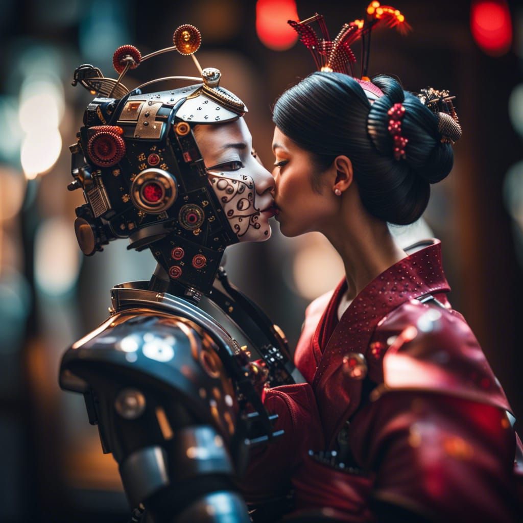 Robo Geisha Kissing AI: Professional Photography