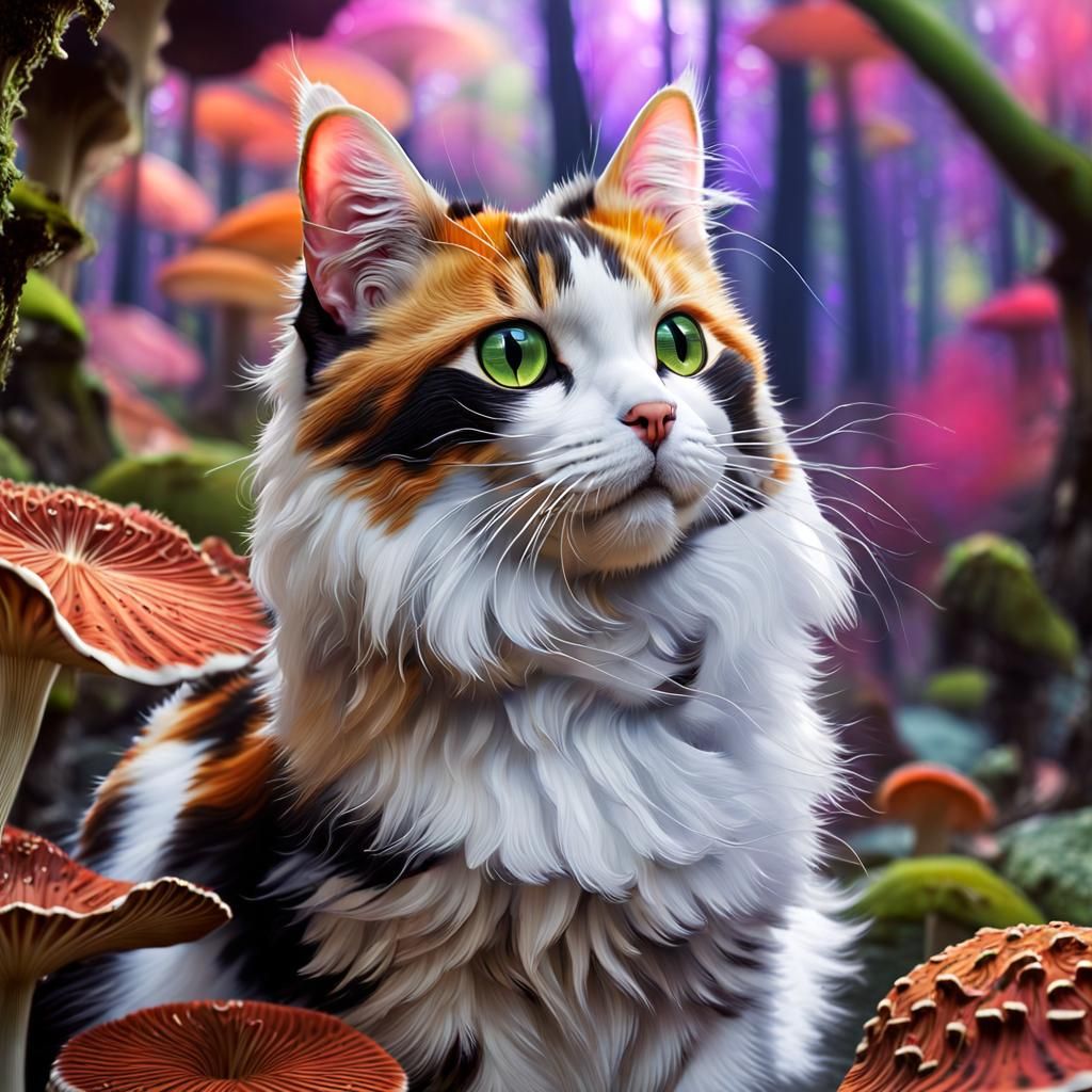 Calico Cat in Fungi Forest: Digital Gouache Painting