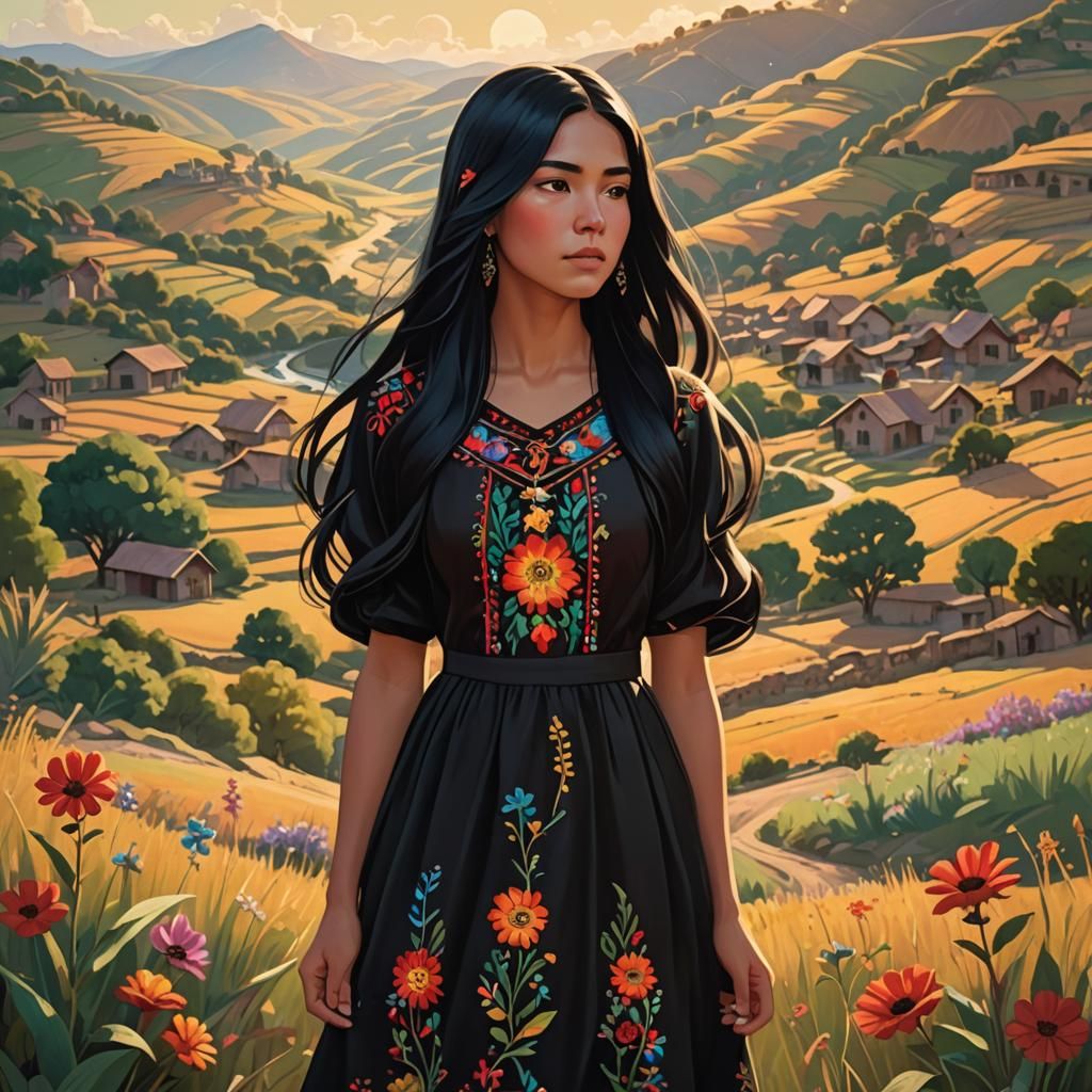 Latin American Woman in Rural Folk Art Style