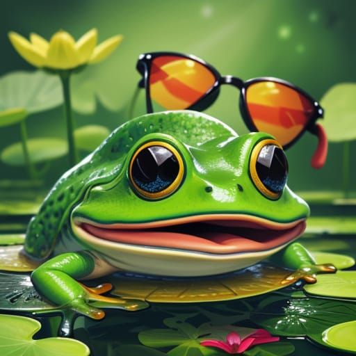 Frog Takes Selfie on Lily Pad in Vibrant Splash Art