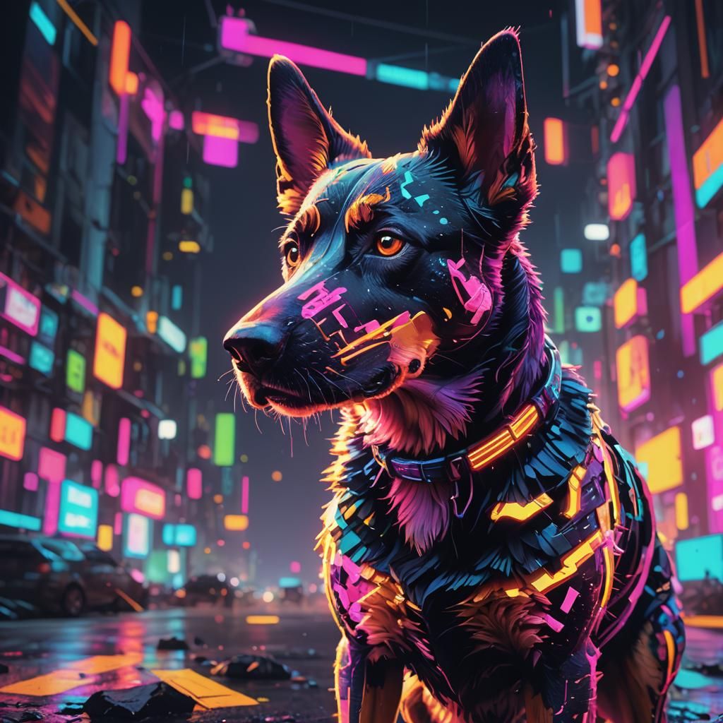 Glitching Dog in Digital Matte Painting Style