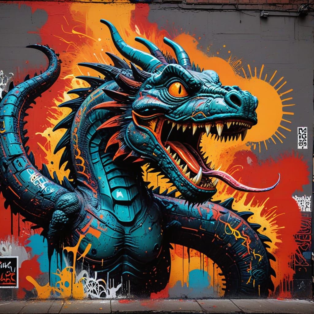 Urban Dragon Graffiti in Vibrant Polychromatic Palette