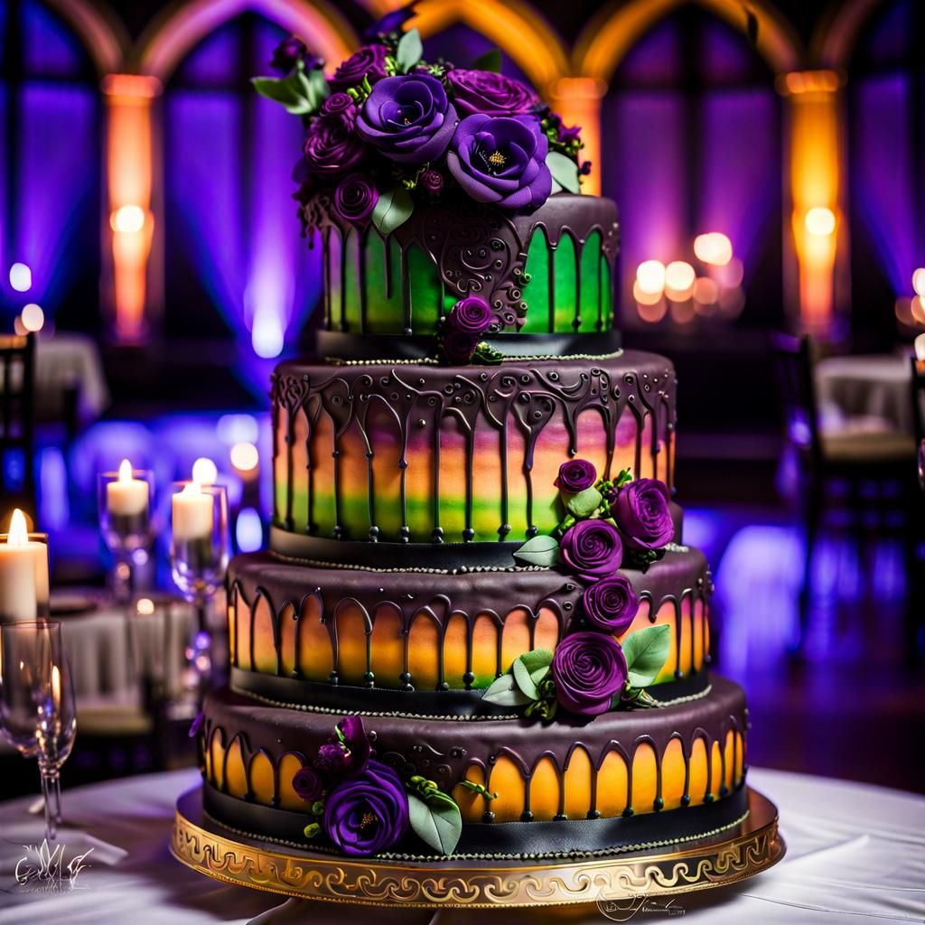 A 4 tier high quality gothic sunset wedding cake with purple...