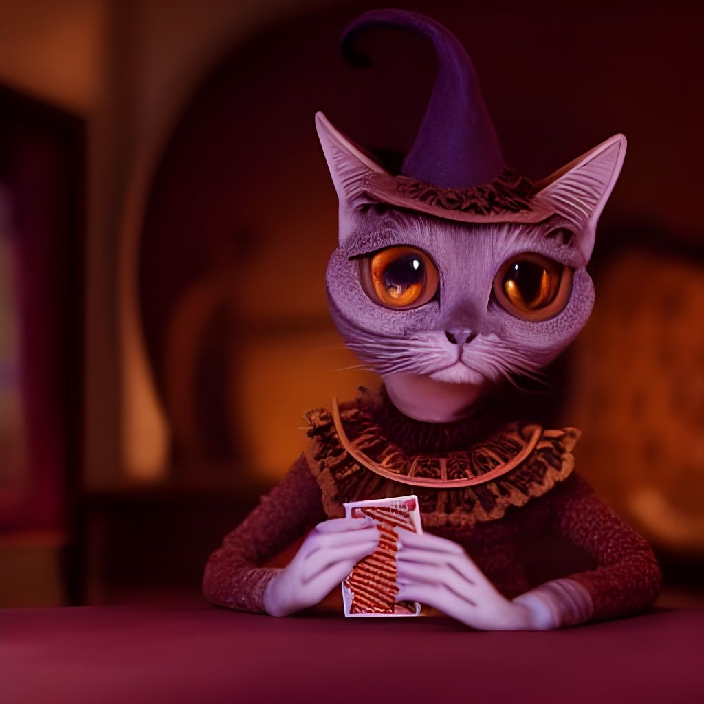 Anthropomorphic Cat Witch Fortune Reading, Claymation Style
