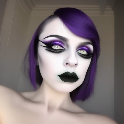 Ethereal Gothic witch with jet black hair& Beautiful green eyes& porcelain white complexion& Beautiful face wearing purp...
